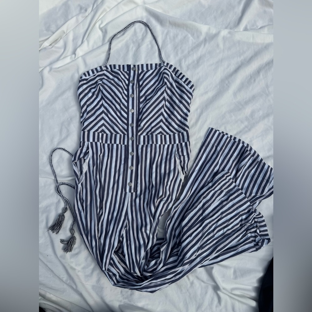 The Jetset Diaries - Cornflower Striped Jumpsuit - Halterneck, Open Back, Size S